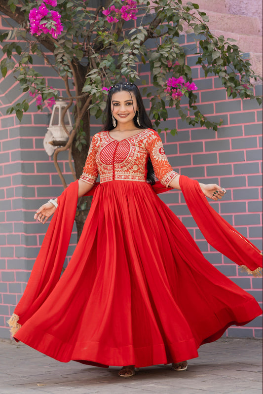 Captivating Pure Bandhrej Orange Color Gown
