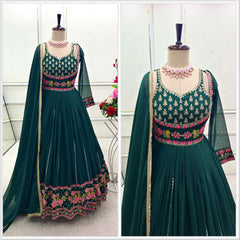 Trendy Green Georgette Embroidery Work Gown