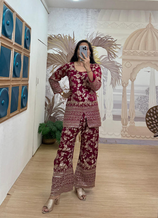 Elegant Maroon Color Dola Silk Co-ord Set