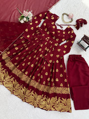 Attractive Maroon Jacquard Weaving Anarkali Suit