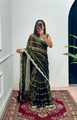 Peaceful Embroidery Zari Work Mehndi Color Saree
