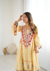 Exclusive Yellow Khadi Cotton Embroidery Work Co-ord Set