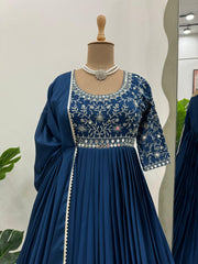 Attractive Chinon Silk Real Mirror Work Navy Blue Color Gown