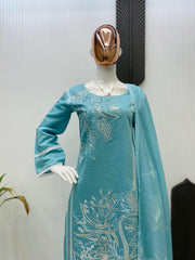 Lovely Blue Roman Silk Sequence Work Palazzo Suit