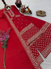 Ravishing Red Chinon Silk Embroidery Sharara Suit