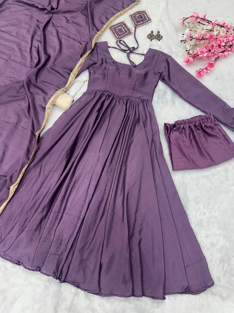 Fabulous Chinnon Silk Lavender Color Anarkali Gown