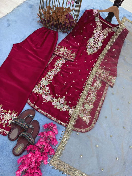 Stunning Sequence Work Red Color Palazzo Suit