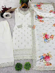 Preferable Chinnon Silk Sequence Work White Color Palazzo Suit