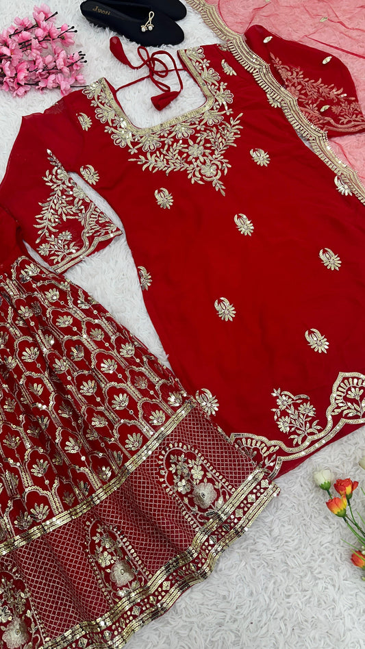 Trendy Red Georgette Sequence Work Sharara Suit