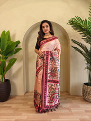Blissful Digital Print Peach Saree