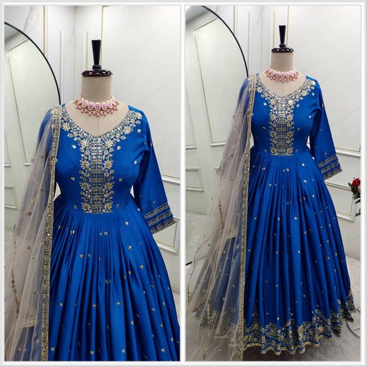 Function Wear Embroidery Work Blue Color Gown
