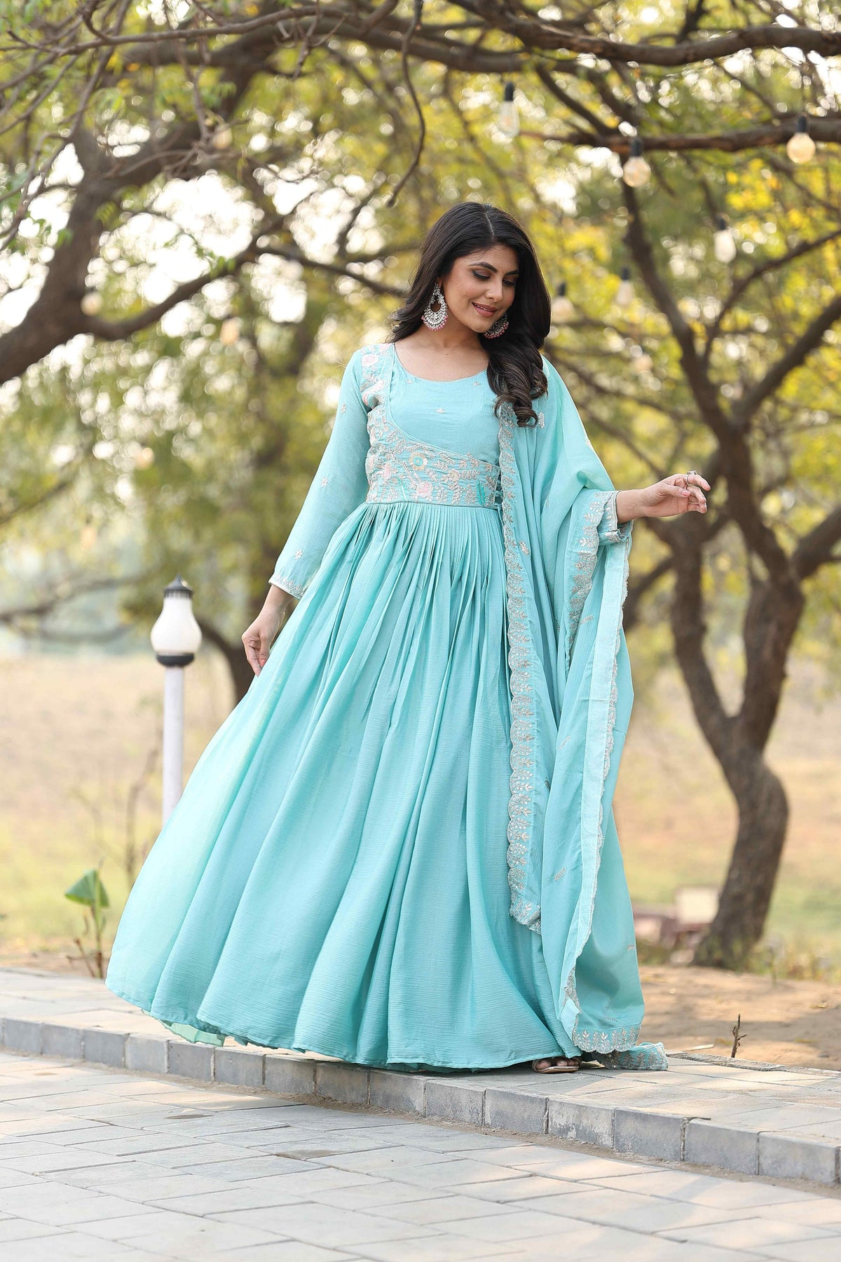 Ravishing Chinon Silk Sky Blue Color Gown