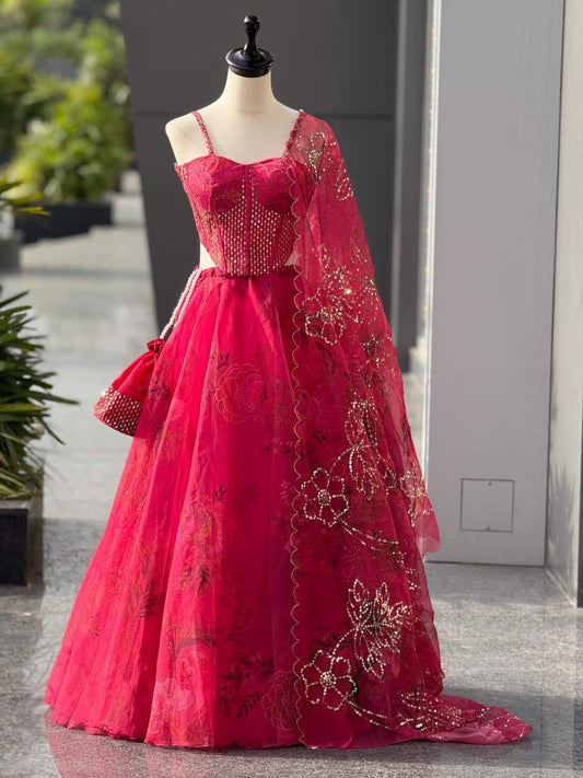 Pink Organza Embroidery Work Lehenga Choli