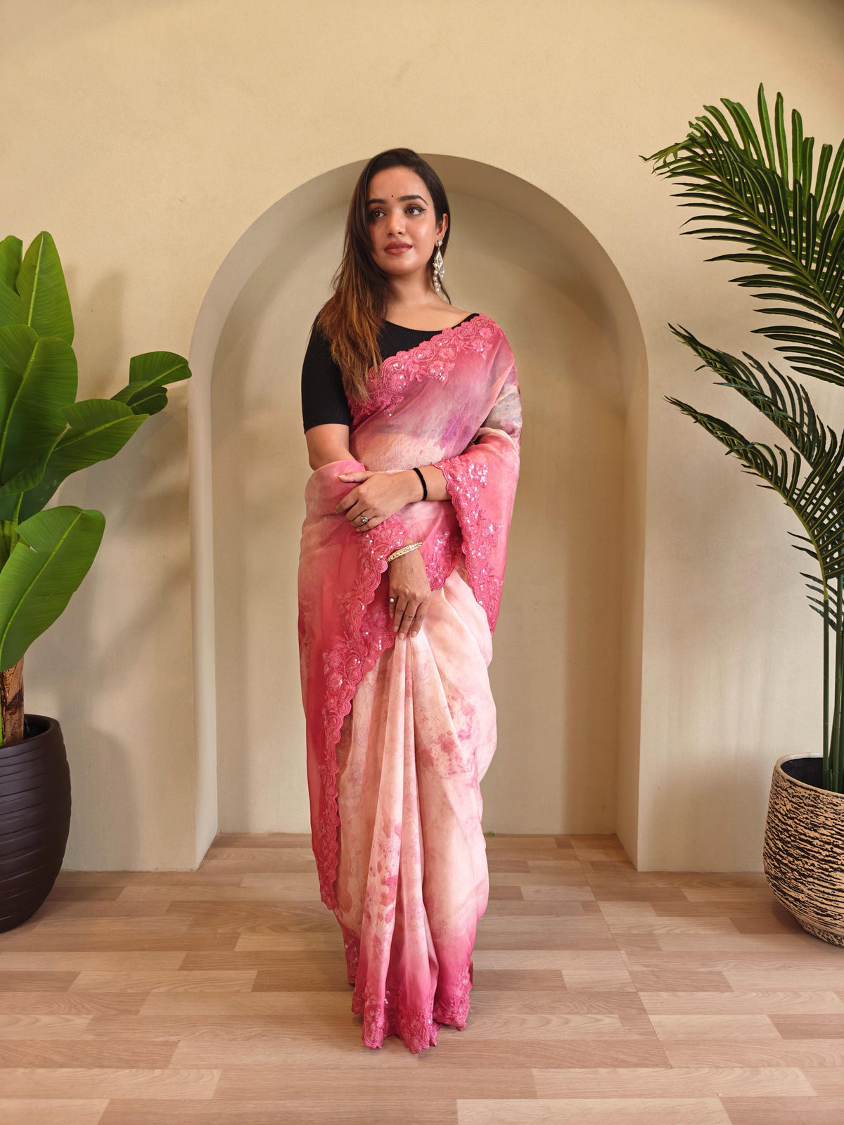 Classic Pink Color Digital Print Organza Saree
