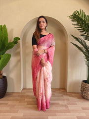 Classic Pink Color Digital Print Organza Saree