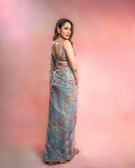Mirror Work Sky Blue Color Printed Party Wear Saree