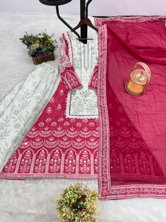 Pink Color Digital Print Chinon Silk Palazzo Suit