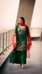 Designer Sequence Work Green Color Sharara With Orange Dupatta