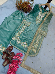 Stunning Sequence Work Teal Blue Color Palazzo Suit