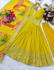 Glorious Embroidery Work Yellow Color Gown