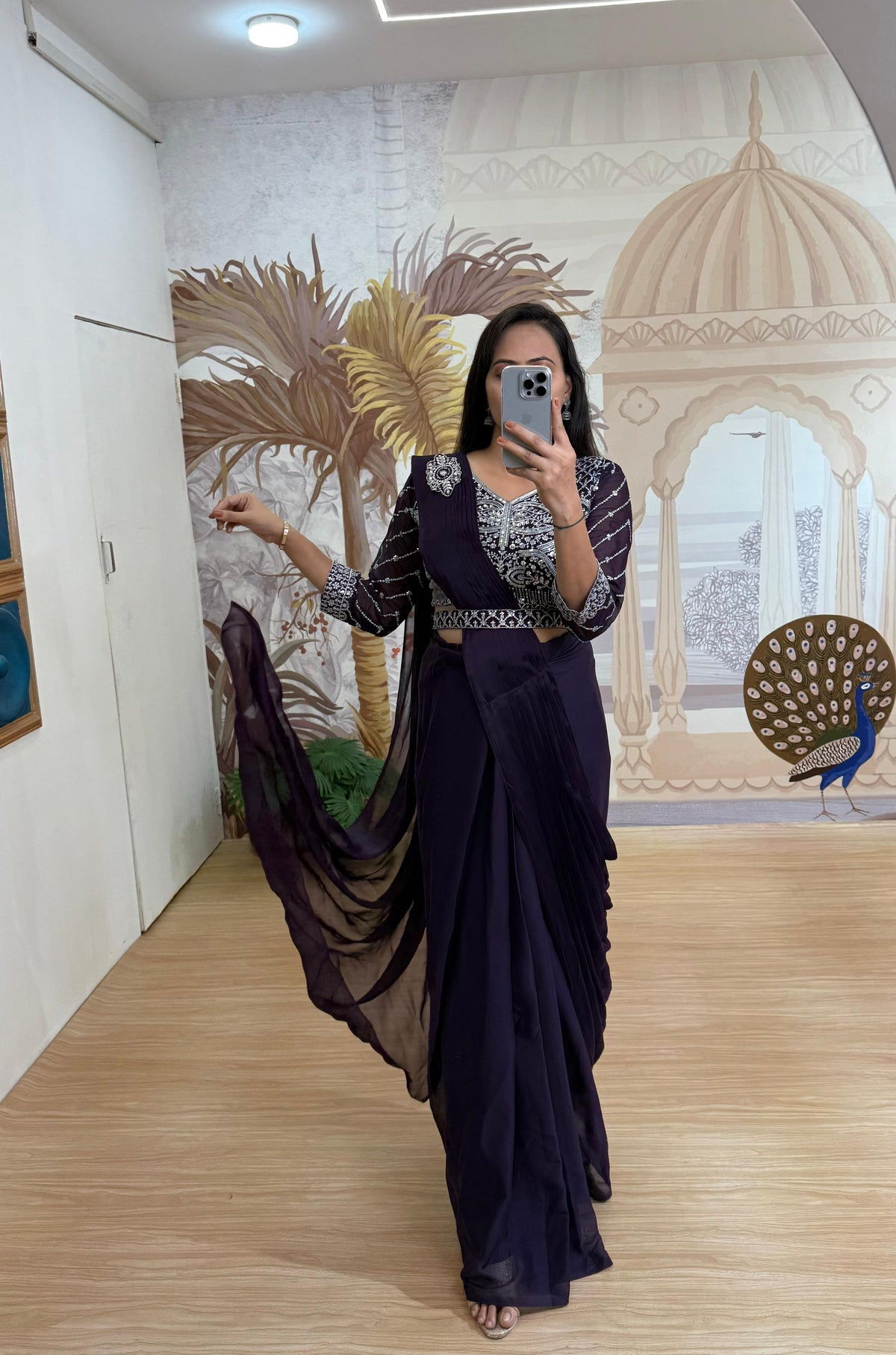 Stylish Embroidery Work Purple Color Ready To Wear Saree