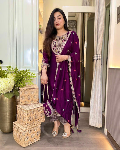 Wine Color Embroidery Work Salwar Suit
