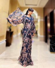 Printed Navy Blue Color Ready To Wear Saree With Koti
