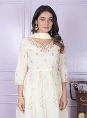 Lovely Embroidery Work Off White Color Nayra Cut Kurti Pair