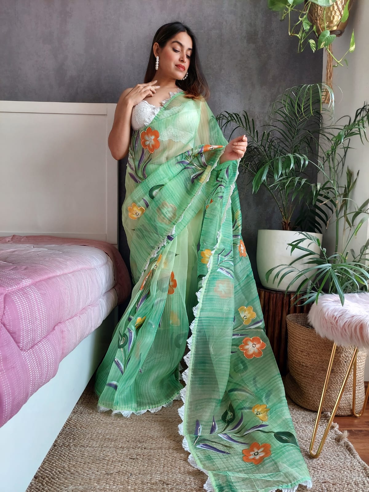 Handprint Flower Print Organza Green Color Saree