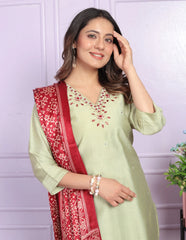 Amazing Pista Color Soft Silk Straight Kurti Set With Silk Dupatta