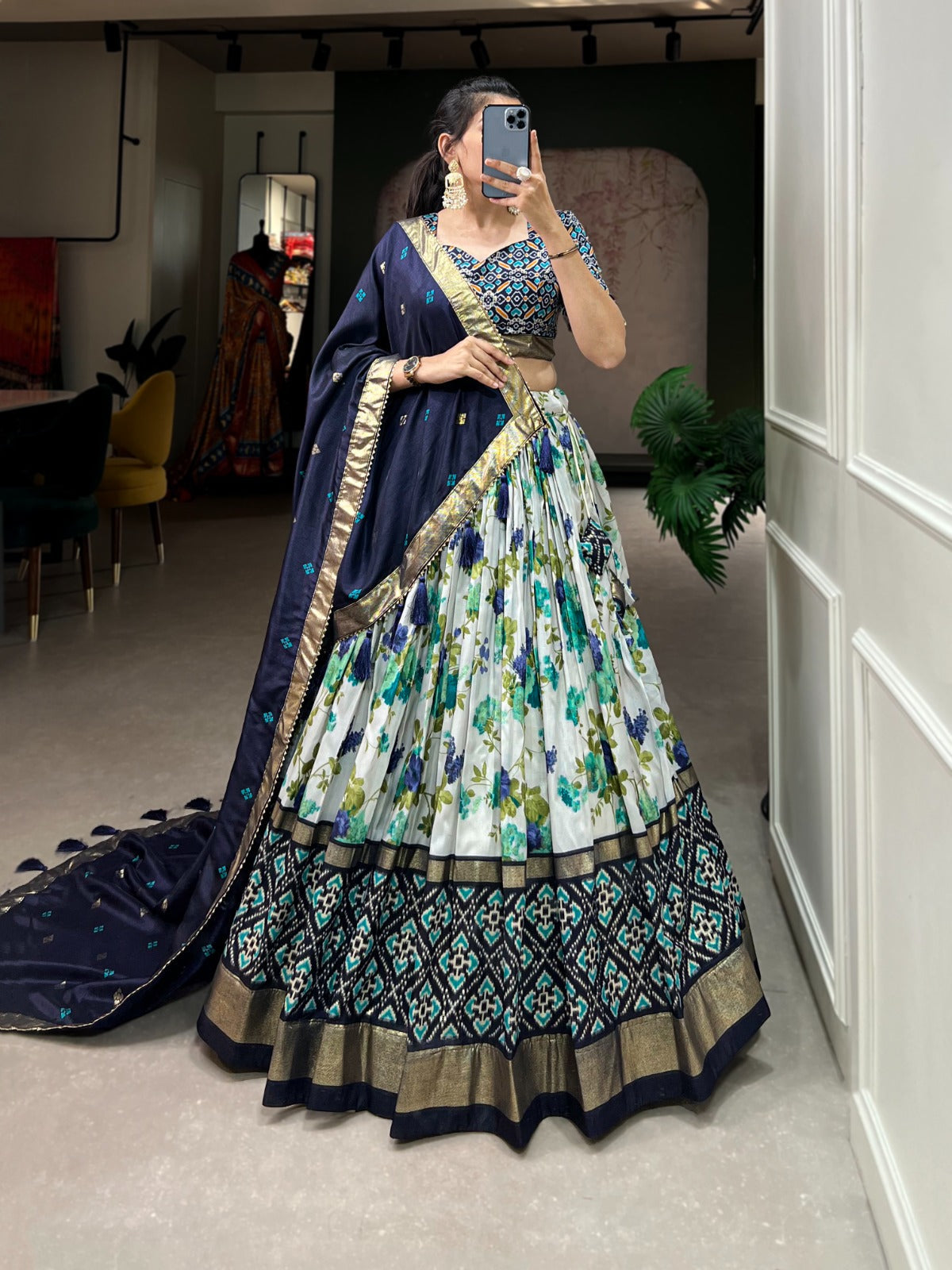 Glimmering  Green Color Floral And Patola Print With Foil Work Lehenga Choli