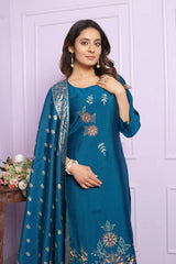 Stylish Rama Russian Silk Salwar Suit With Banarasi Dupatta