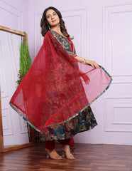 Lovely Rama Multi Print With Red V Neck Round Kurti Set