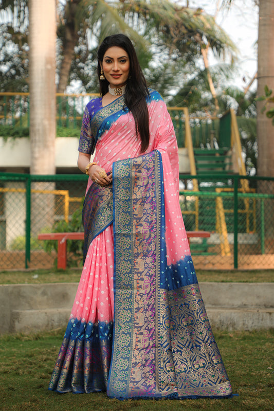 Wonderful Bandhani Blue With Peach Kanjivaram Silk Saree