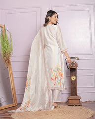 Attractive White Silk Hand Work With Printed Kurti Set