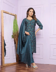 Fashionable Print Teal Blue Color Salwar Suit