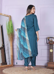 Attractive Teal Blue Salwar Suit With Leheriya Dupatta