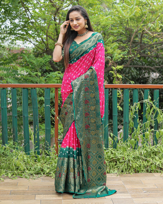 Fabulous Bandhej Silk Pink Color Saree