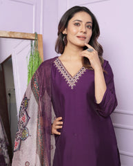 Lovely V Neck Wine Straight Kurti Palazzo Suit