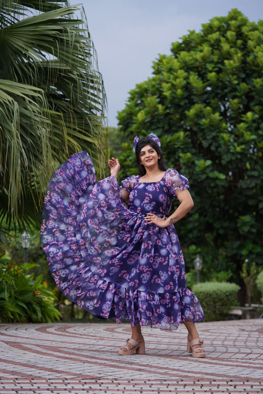 Ruffle Style Purple Color Flower Print Organza Dress