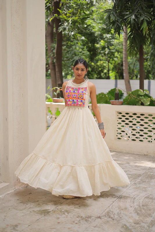 Lovely Off-White Cotton Embroidered Gown