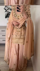 Fantastic Embroidery Work Peach Color Sharara Suit