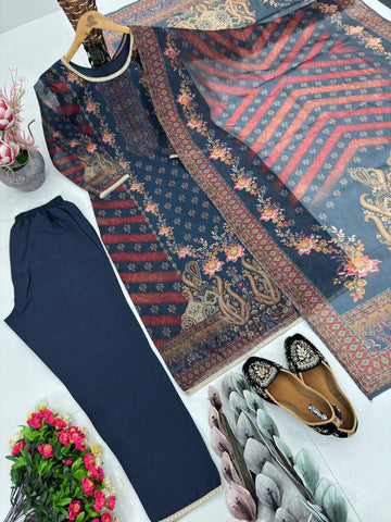 Lovely Blue Satin Digital Print Salwar Suit