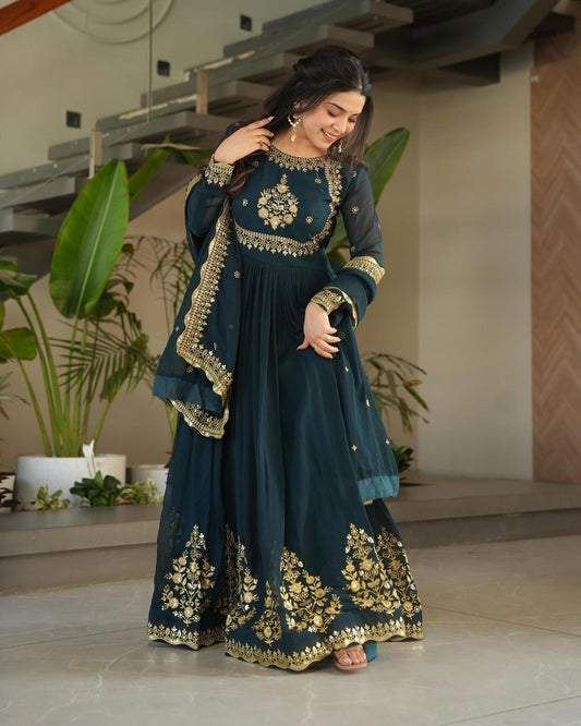 Glimmering Embroidery Work Long Teal Green Color Gown