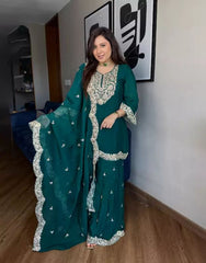 Attractive Chinon Silk Teal Blue Color Sharara Suit