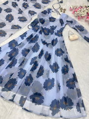 Delightful  digital printed Sky Blue Color Anarkali Gown