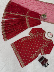 Designer Red Chinon Silk Sequence Work Sharara Suit