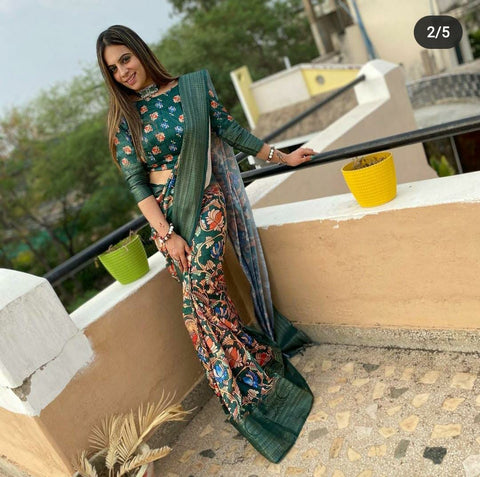 Green Color Printed Cotton Saree