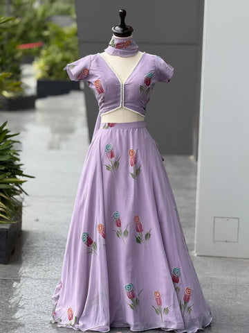 Lovely Lavender Georgette Hand Painted Lehenga