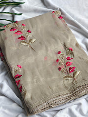 Exclusive Beige Embroidery Work Silk Saree